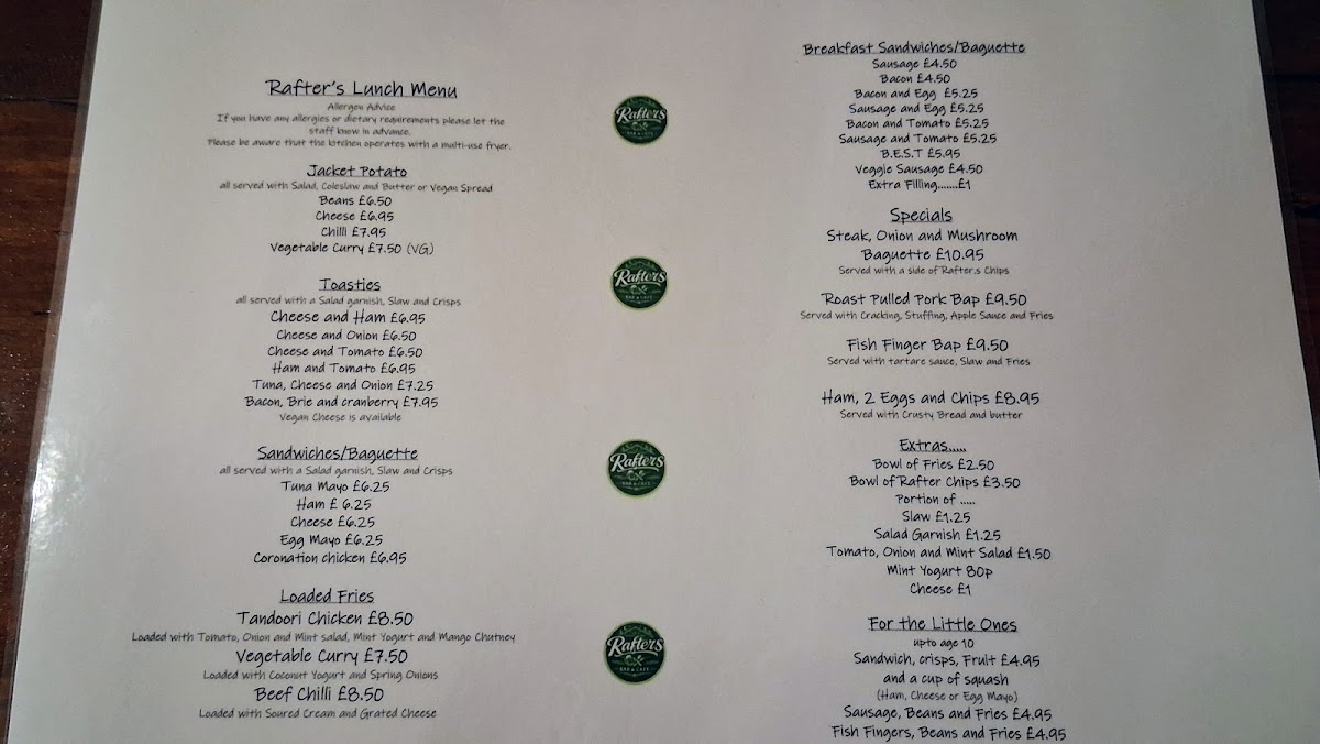 Rafters Cafe Photo Menu 1