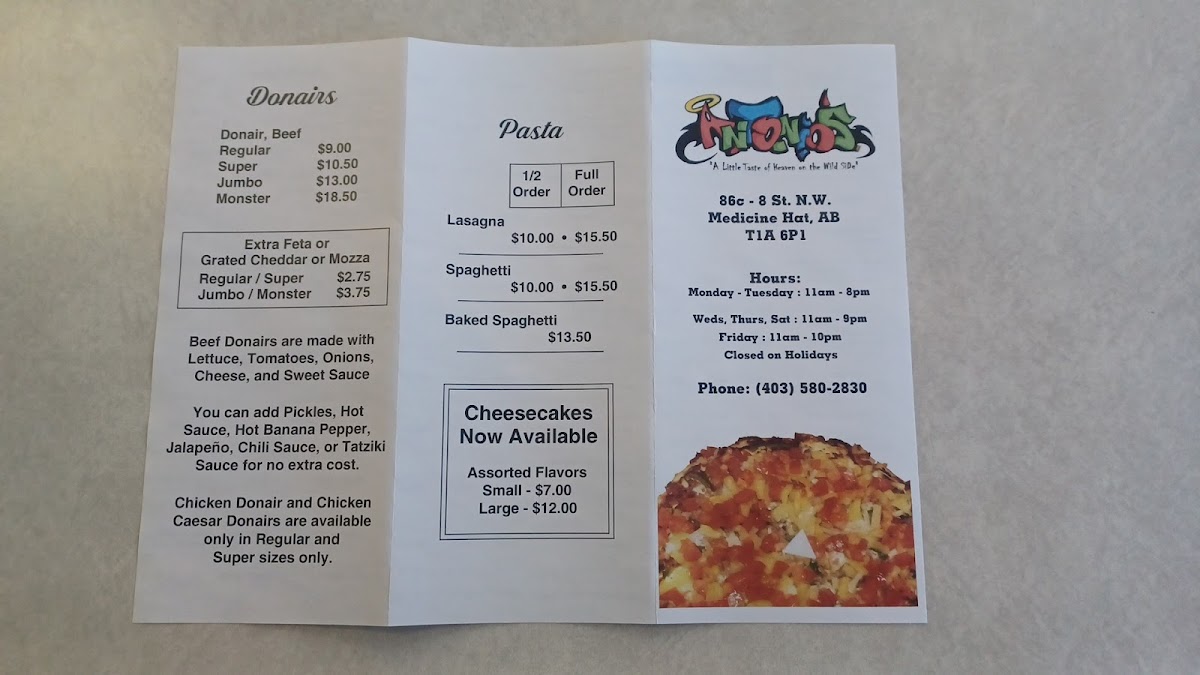 Antonio's Pizza & Donair Medicine Hat Photo Menu 1