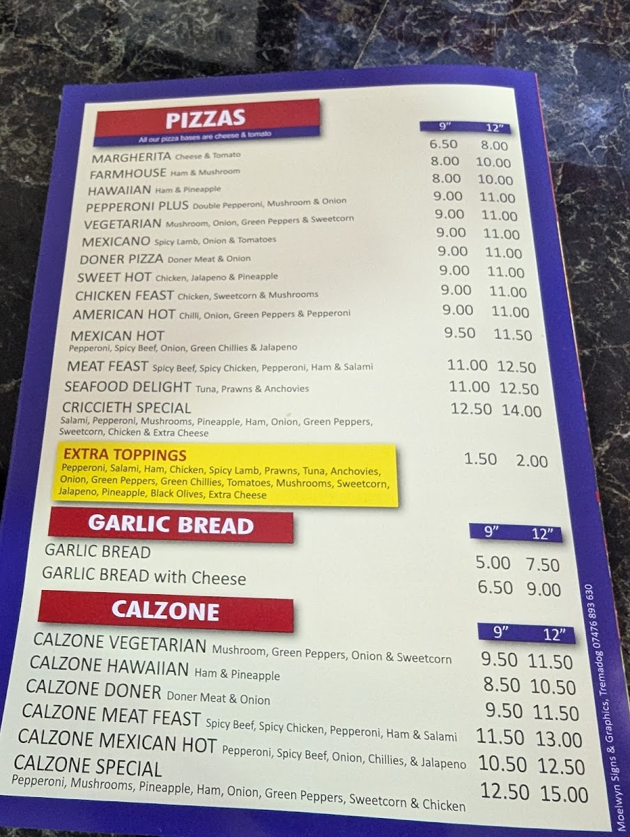 Criccieth Kebab & Pizzas Photo Menu 1