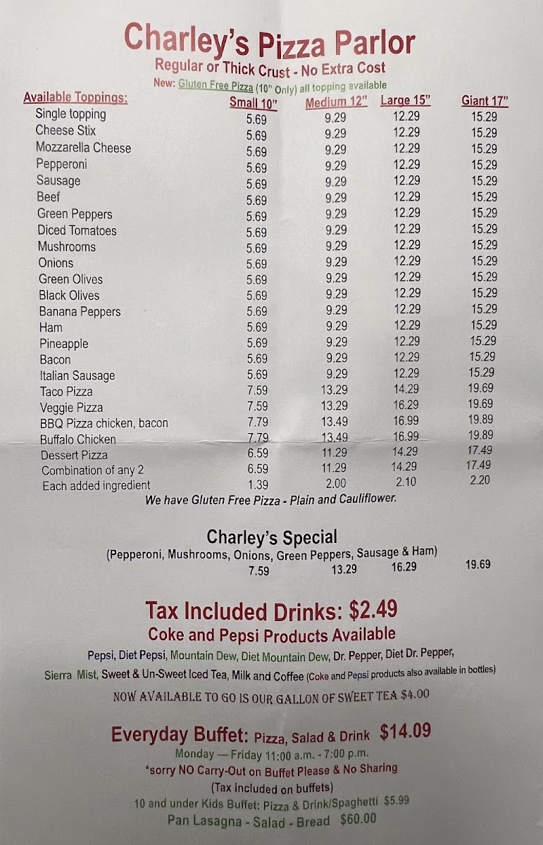 Charley's Pizza Parlor Photo Menu 1