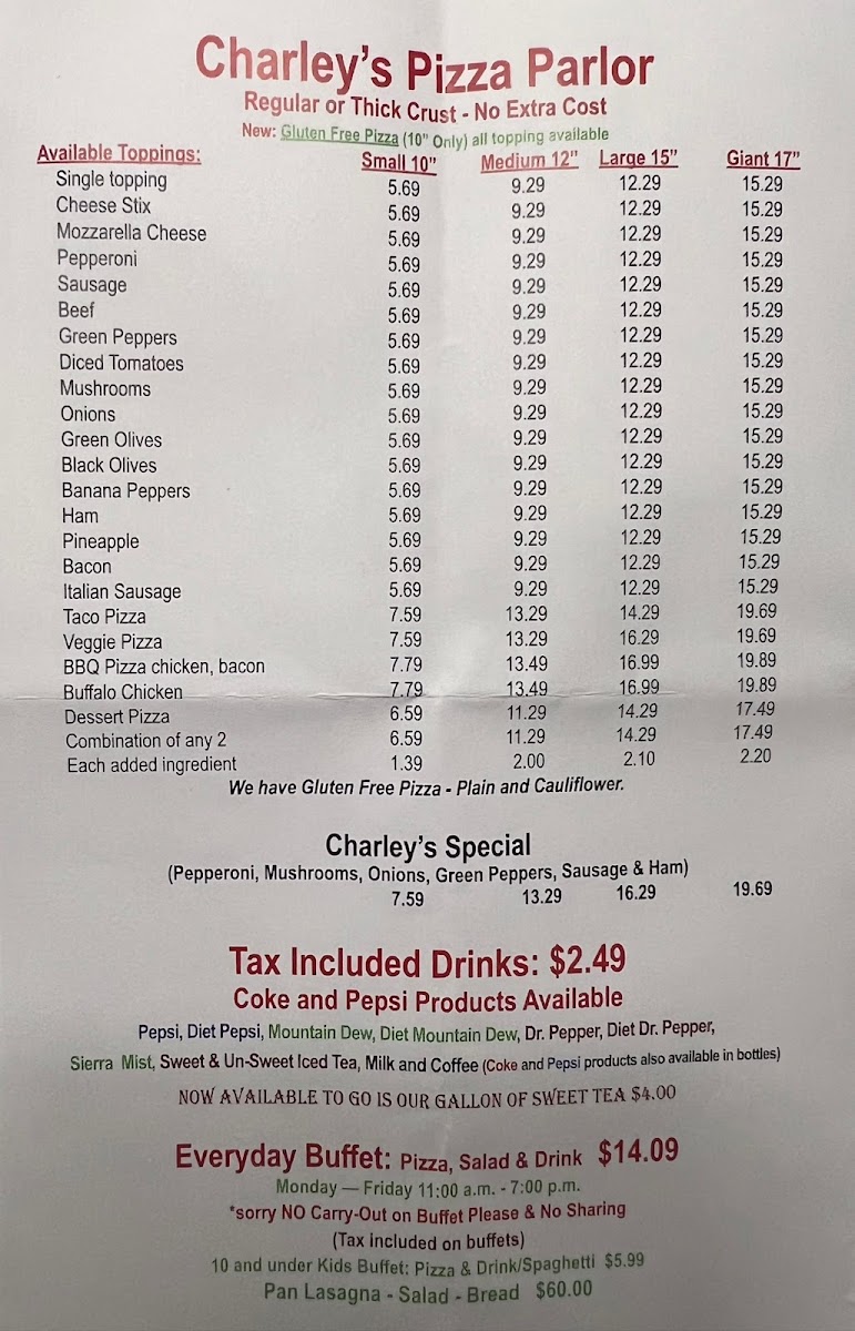 Charley's Pizza Parlor Photo Menu 4