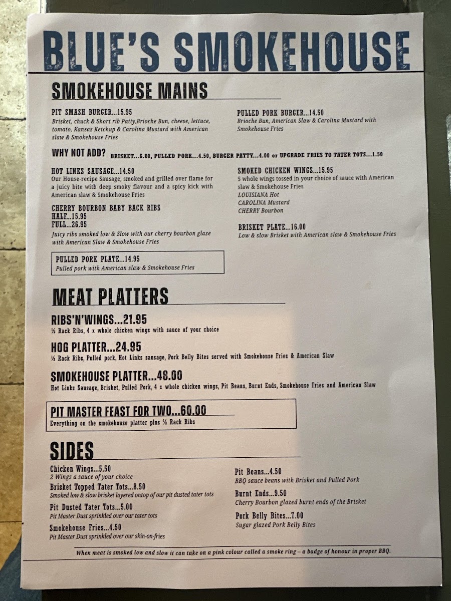 Blue's Smokehouse Bracknell Photo Menu 1