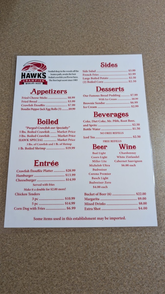 Hawk's Restaurant Photo Menu 1