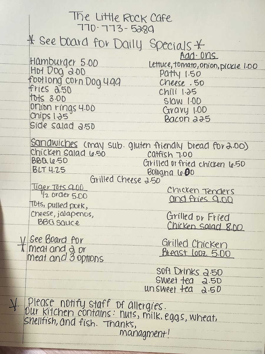 The Little Rock Cafe Photo Menu 1