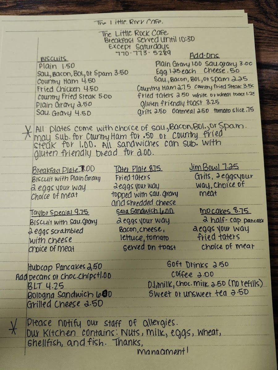 The Little Rock Cafe Photo Menu 2