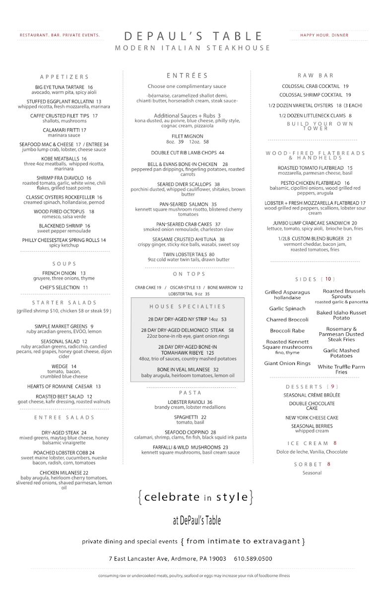 DePaul's Table Steakhouse Photo Menu 1