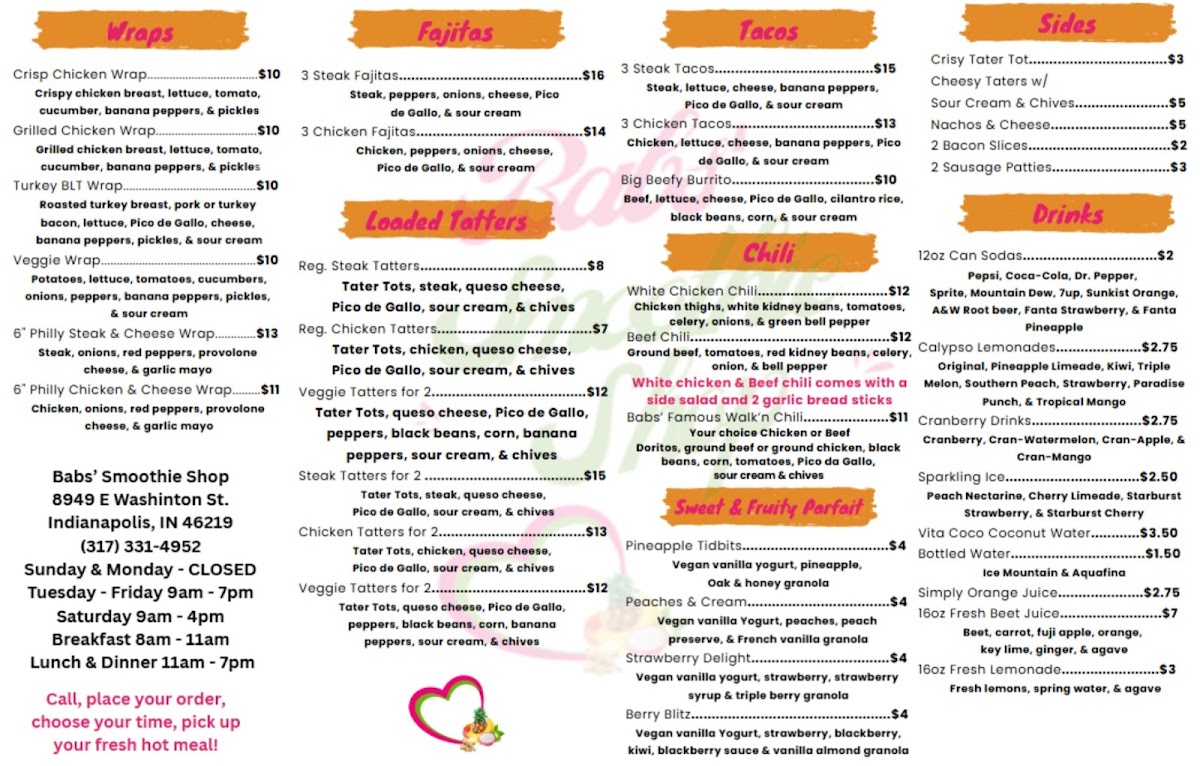 Babs' Smoothie Shop Photo Menu 1
