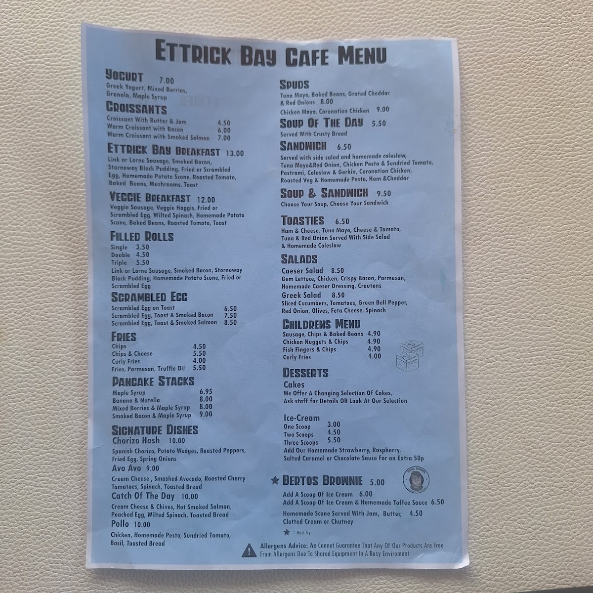 Ettrick Bay Cafe Photo Menu 1