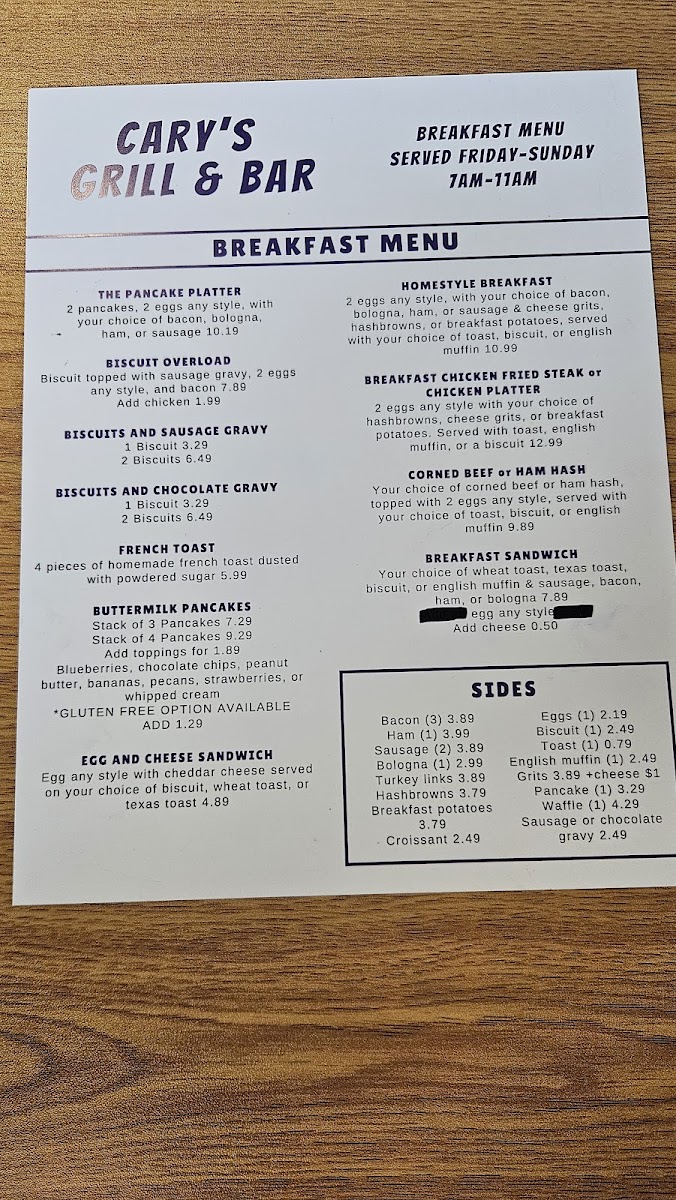 Carys Grill and Bar Photo Menu 1