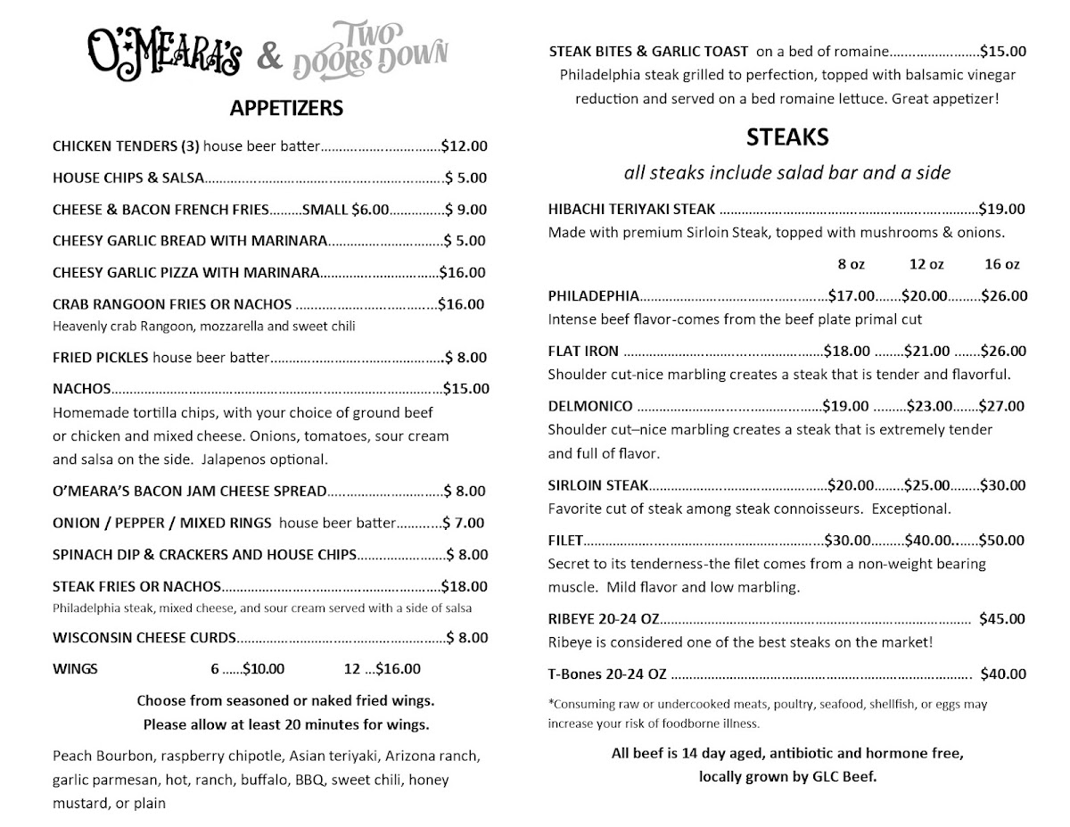 O'Meara's and Two Doors Down Photo Menu 2