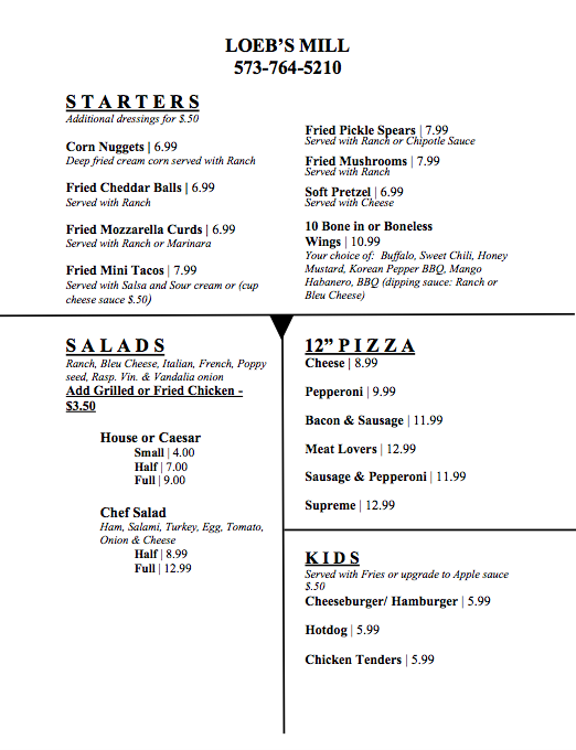 Loebs Mill Bar & Grill Photo Menu 1