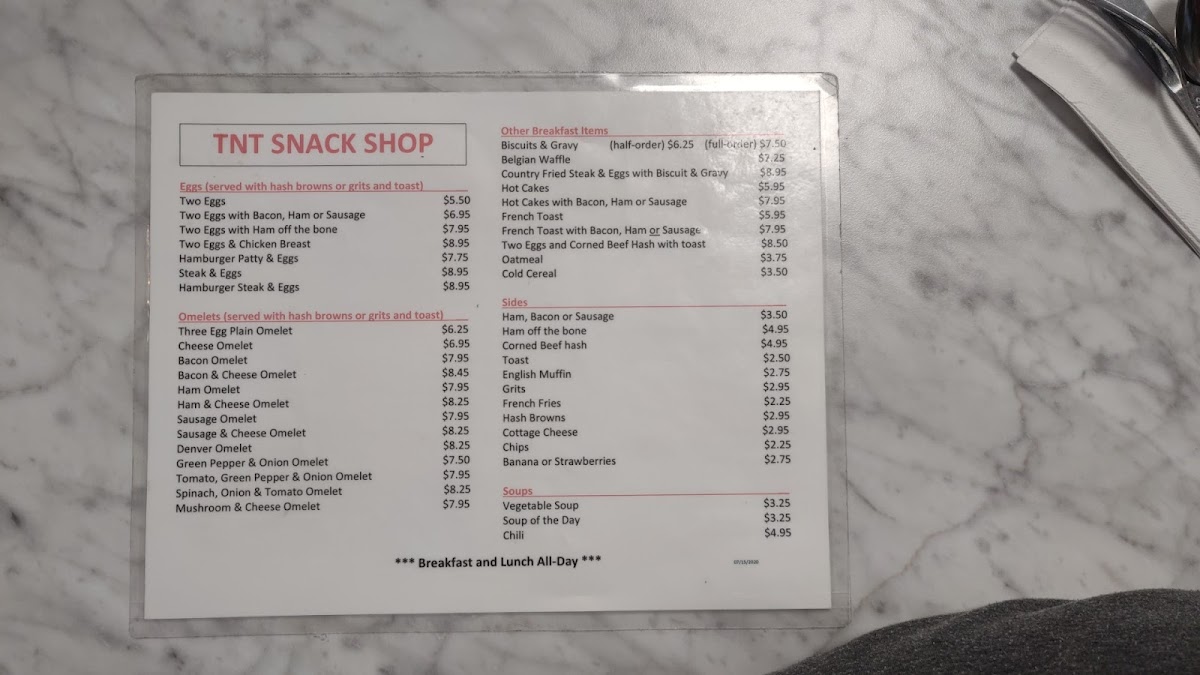 T N T's Snack Shop Photo Menu 1