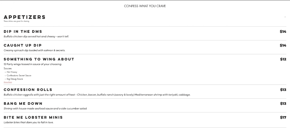 Confessions Bar & Restaurant Lounge Photo Menu 4