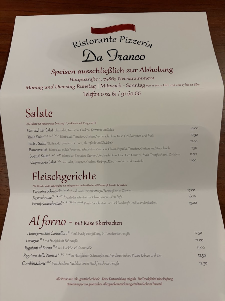 Pizzeria Da Franco Photo Menu 1
