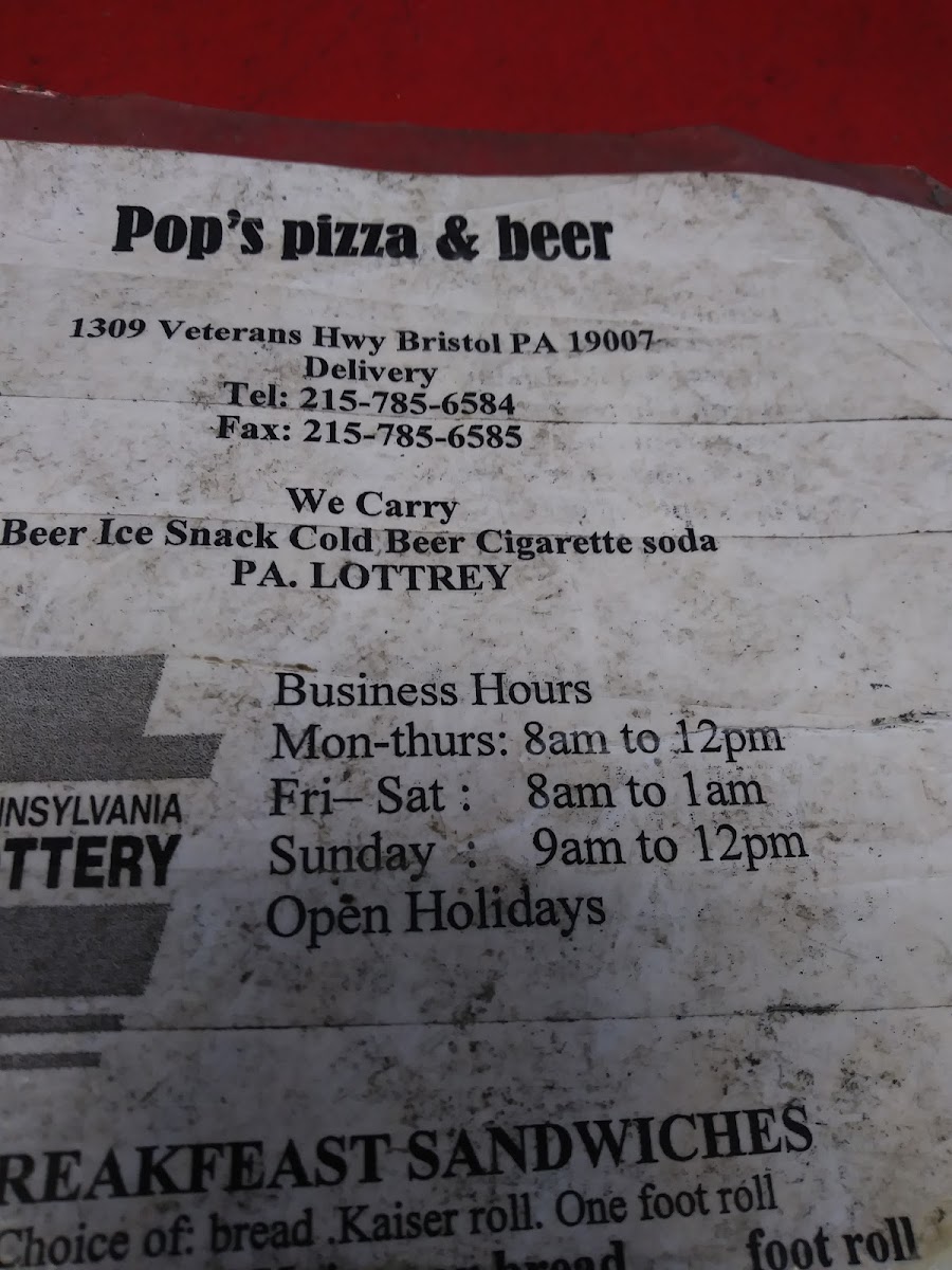 Pop's Pizza Photo Menu 1