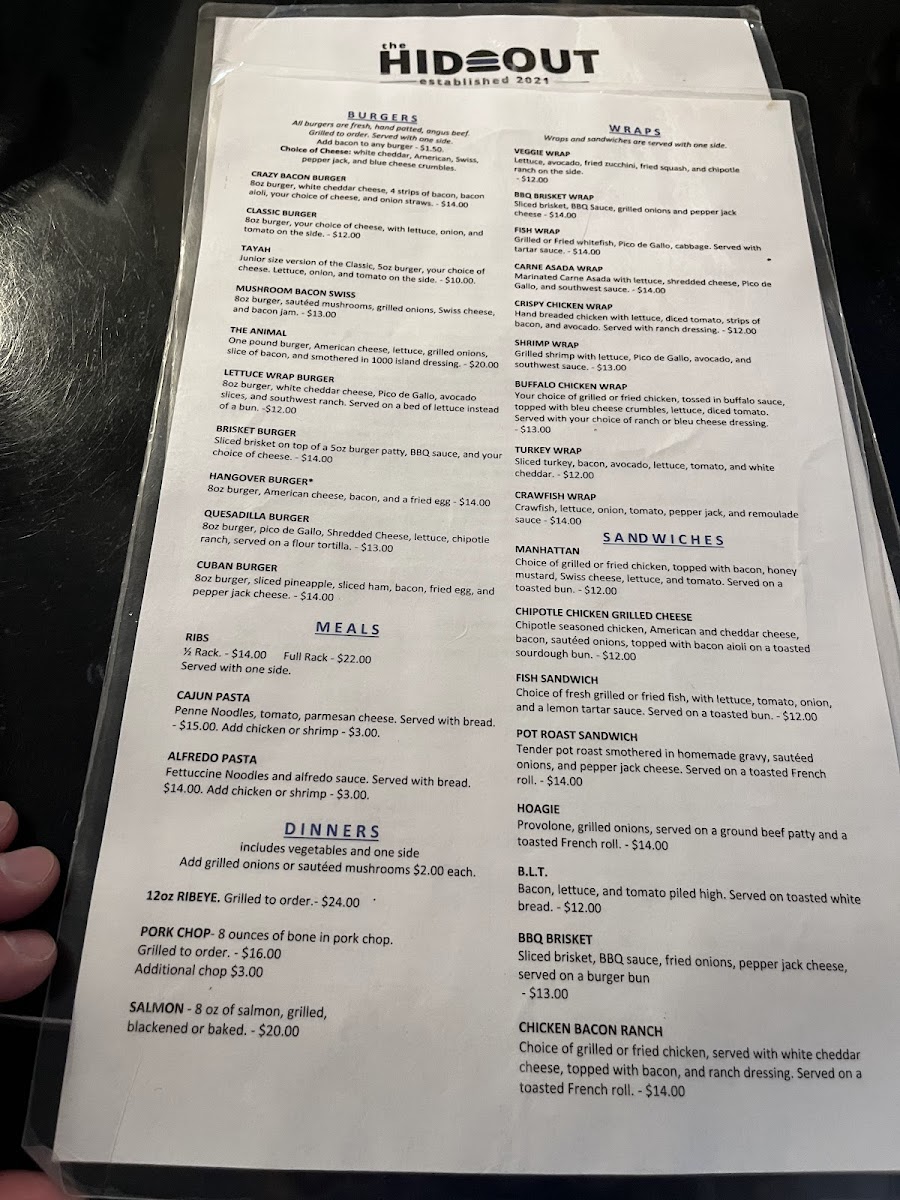 The Hideout Photo Menu 1