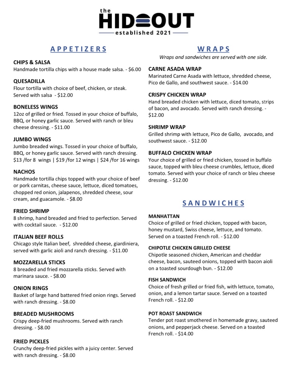 The Hideout Photo Menu 3