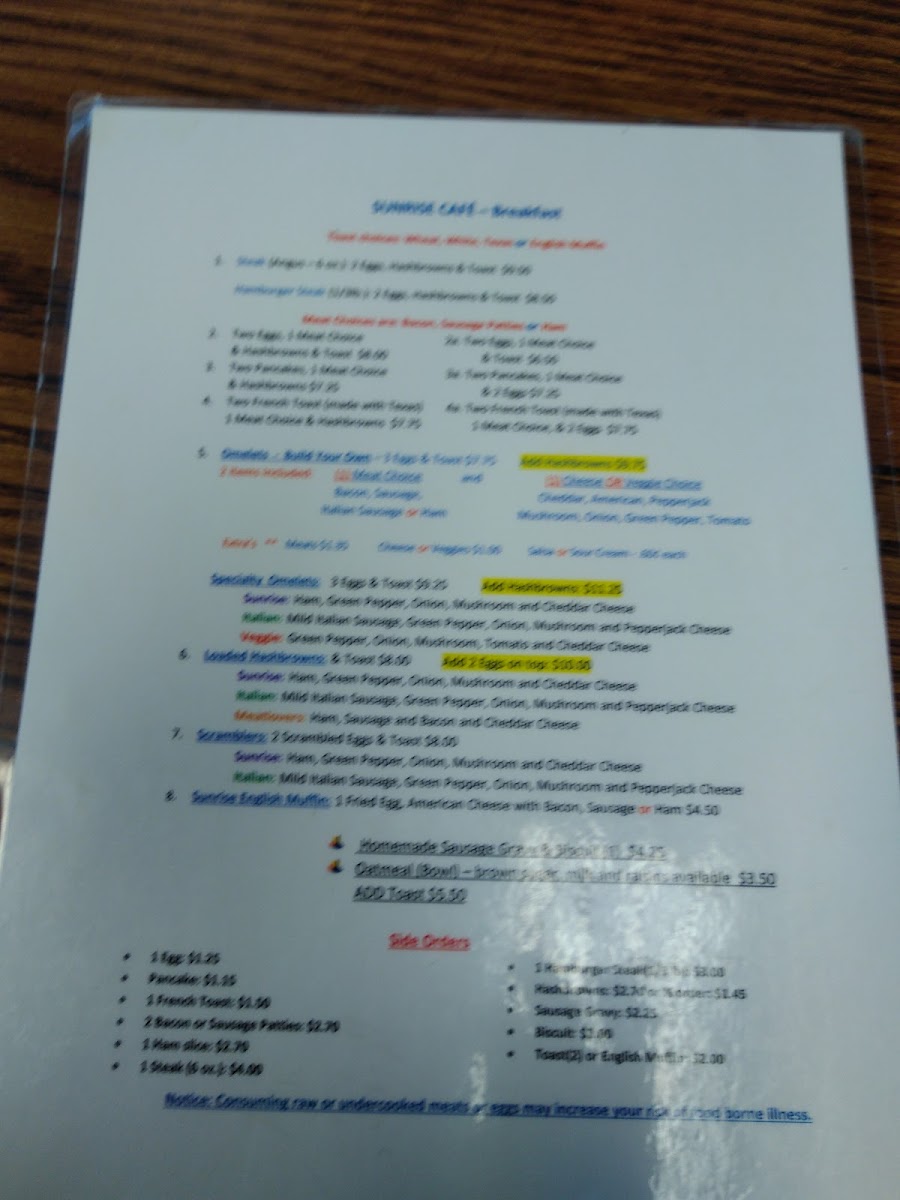 Sunrise Cafe Photo Menu 1