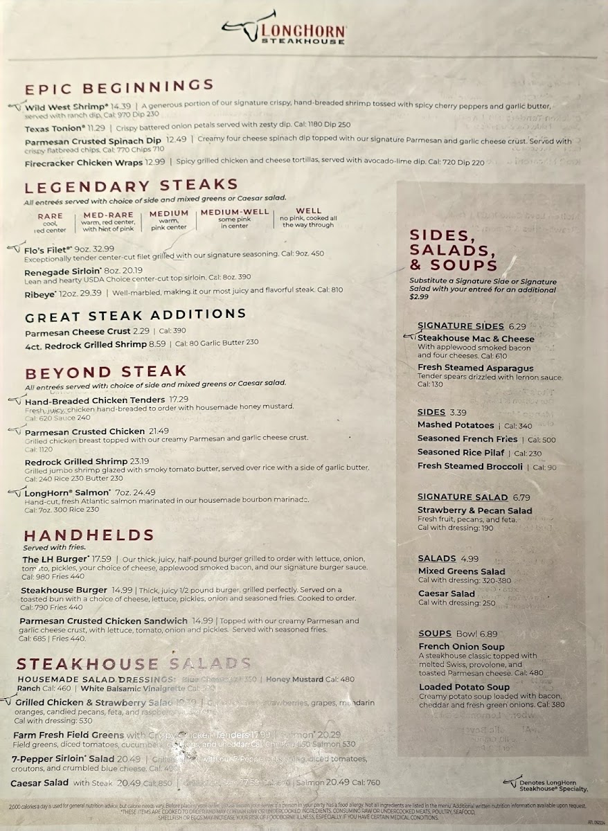 LongHorn Steakhouse Photo Menu 1