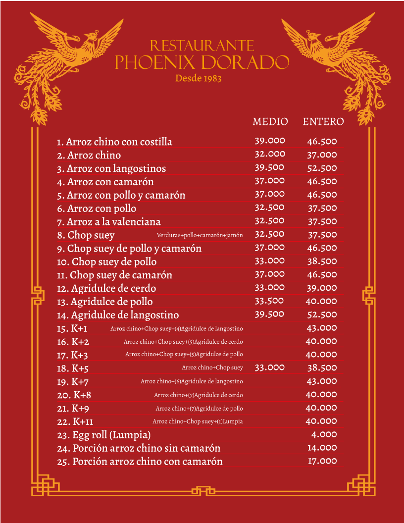Restaurante Phoenix Dorado Buga est.1983 Photo Menu 1