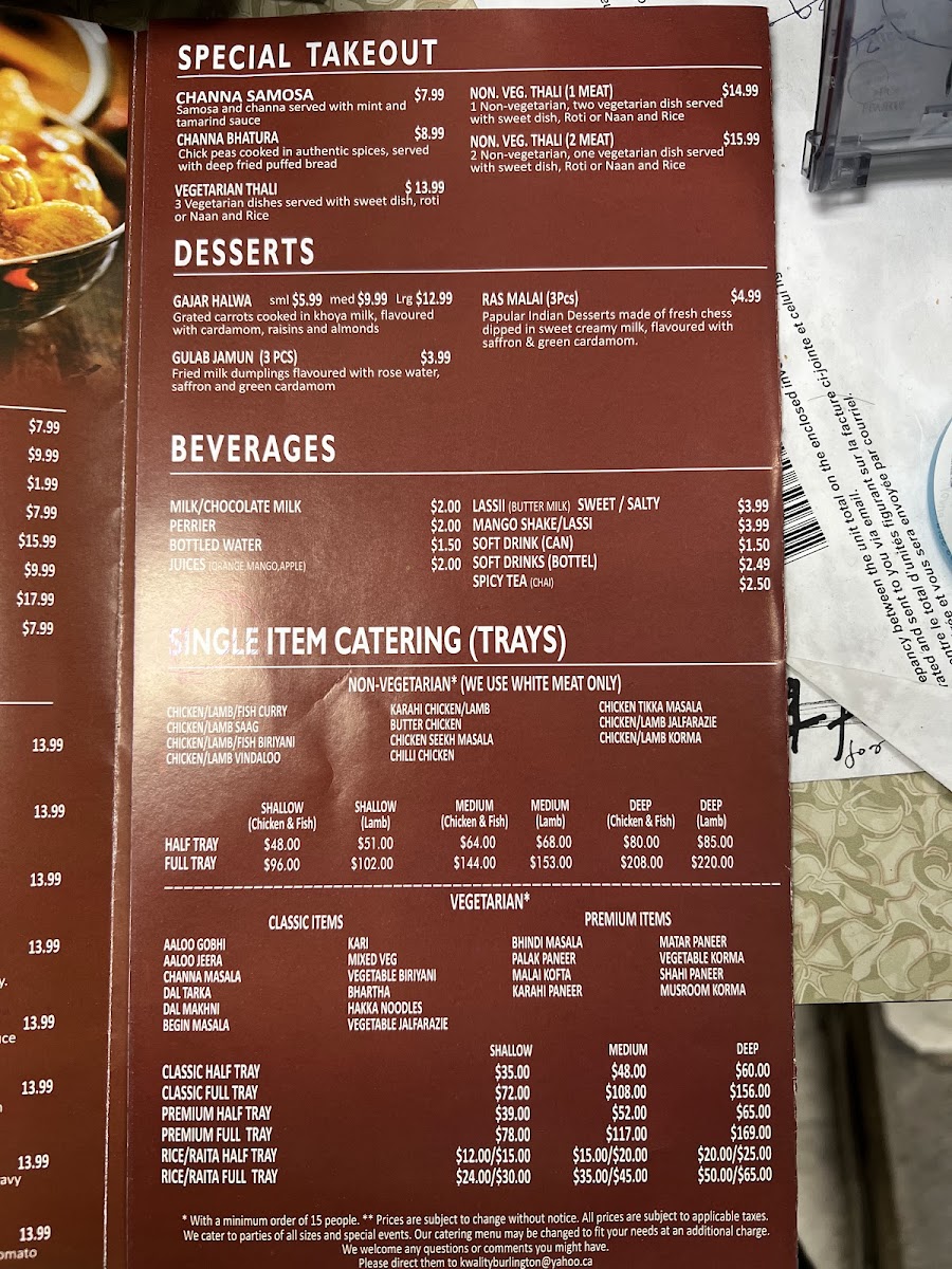 Kwality Fine Indian Cuisine Restaurant Photo Menu 3