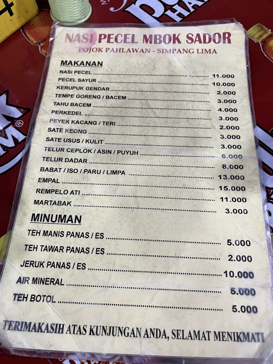 Nasi Pecel Mbok Sador Simpang Lima Photo Menu 3