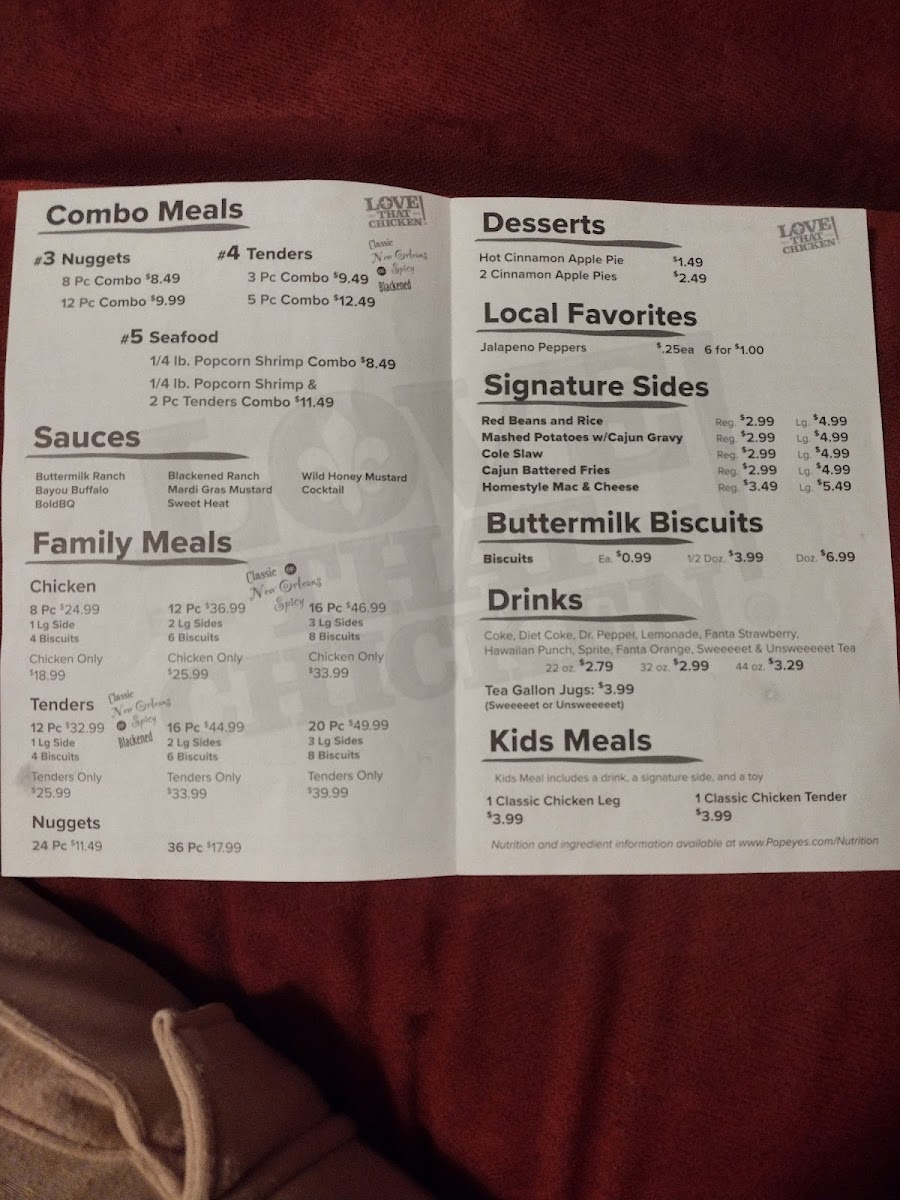 Popeyes Louisiana Kitchen Photo Menu 1