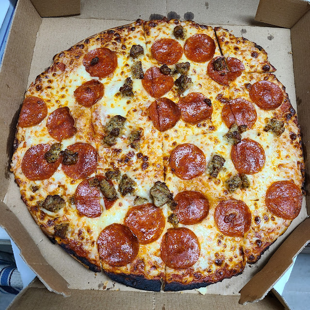 Half Pepperoni and Sausage Half Mushrooms and Bacon